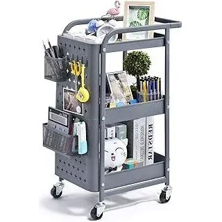 KINGRACK rollwagen,3 etagen rollwagen Metall,küchenwagen schmal,allzweckwagen für Küche Kosmetik,Regalwagen mit Lochplatte Rollen Haken Körbe Griffe Feststellräder,servierwagen für Büro Garagen