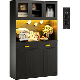 IRONCK Küchenschrank mit Arbeitsplatte, Buffetschrank mit Steckdose und LED | Hochschrank mit 6 Schranktüren, 2 Schubladen, 2 USB-A und 2 Steckdosen, Küchenbuffet, Küche, 38 x 110 x 180 cm, Schwarz