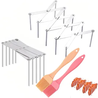 BBQ-Halter aus Edelstahl, 2 Stück, verstellbar, einziehbar, Rack für Rippchen, Deckelhalter, Grillablage für die Zubereitung von Rippchen oder Braten mit 2 Silikonbürsten