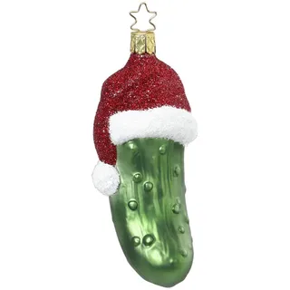 Christbaumschmuck Glas 12cm Weihnachtsgurke mit Mütze mundgeblasen handbemalt Weihnachtskugeln grün