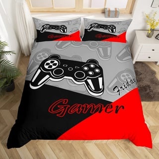 Gamer Bettbezug Set für Jungen Jugendliche Spiel Bettwäsche Set 135x200cm, Videospiel Wohnkultur Spieler Gaming Betten Set Kinder Kleinkind 2 Stück 1 Bettbezug mit 1 Kissenbezug Schwarz Rot Grau