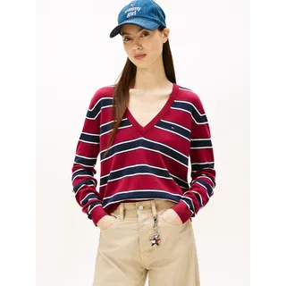 V-Ausschnitt-Pullover TOMMY JEANS "TJW ESSENTIAL VNECK SWEATER EXT", Damen, Gr. S (36), lavish cerise, multi stripe, Strick, Obermaterial: 100% Baumwolle, gestreift, normal normal, V-Ausschnitt, Rippstrickbündchen, Pullover V-Ausschnitt-Pullover, mit Logostickerei
