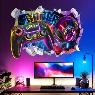 decalmile 3D Wandtattoo Gamer Wandaufkleber Gaming Controller Durchbruch Videospiel Wandsticker Schlafzimmer Spielzimmer Wanddeko