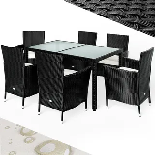 CASARIA® Gartenmöbel Set 6 Personen Stühle inkl. 7cm Polster Tisch 150x90cm Balkonmöbel 160kg Belastbar Wetterfest Polyrattan Stapelbar Terrasse Möbel Schwarz - Schwarz