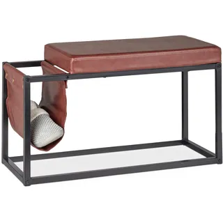 Relaxdays Sitzbank mit Seitentasche, HBT: 42,5 x 77 x 38 cm, Industrial Design, gepolstert, Flurbank, braun/schwarz