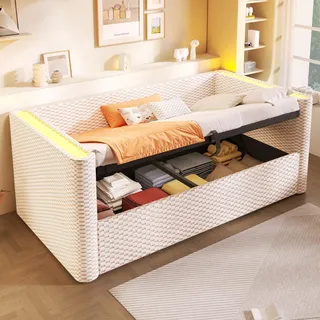 okwish Schlafsofa 90x200 Tagesbett Kinderbett mit Bettkasten,Jugendbett mit Hydraulikmechanismus,Daybett mit LED-Beleuchtung und Lattenrost,beige (mit Matratze) - Beige