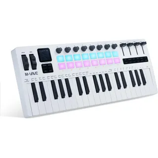 M-VAVE SMK 37 Pro 37 Tasten MIDI Keyboards-Controller 16 RGB hintergrundbeleuchtete anschlagdynamische Drum Pads integrierter Akku 8 belegbare Drehregler 4 Fader BT kabellos kompatibel mit DAWs