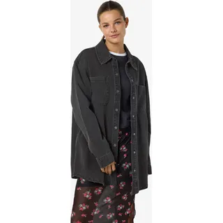 Jeansjacke NOISY MAY "NMALVA L/S DNM SHACKET AZ387BL NOOS", Damen, Gr. XS, blau (schwarz denim), Denim/Jeans, Obermaterial: 100% Baumwolle, unifarben, oversize Po-bedeckend, 1-Knopf-Manschette mit Druckknopf, Jacken Jeansjacke