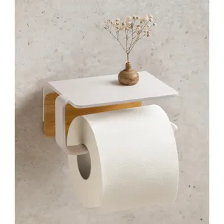 KAZAI. Toilettenpapierhalter ohne Bohren | Metall mit Echtholz-Bambus | Klopapierhalter mit Ablage zum Kleben | Klorollenhalter Bad | WC-Papier-Halterung | Weiß, Bambus