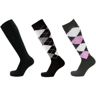 PFIFF Reitstrumpf kariert 3er Set Reitsocken, Schwarz-Weiß, Schwarz, Schwarz-Lila-Flieder, 34-36