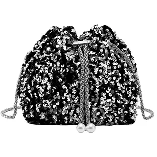 Uwiyo Damen Clutch Glitzer Pailletten, Elegante Damen Glitzer Abendtasche Kettentasche Pailletten Umhängetasche Crossbody Bag mit Kordelzugkette für Hochzeit Party Freizeit Date (Silver-2)