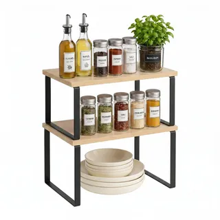 Relaxdays Gewürzregal, 2er Set, Natur-schwarz | Küchenregal Schrank & Arbeitsplatte, Gewürzhalter stapelbar, MDF & Eisen