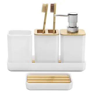 Badezimmer-Zubehör-Set 5-teilig Weiß Bambus PS Seifenspender Zahnbürstenhalter Zahnputzbecher Seifenschale Schminktisch-Tablett