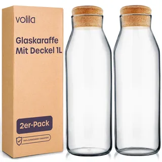 Wasserkaraffe 1L – Glaskaraffe mit Deckel – Nachttisch Glas Karaffe für Kaltgetränke, Milch und Saft – Vielseitige Wasserkaraffe mit Deckel & Bedruckten Wasserfesten Etiketten (2 Pack)