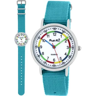 Pacific Time Mädchen Jungen Uhr Lernuhr analog Quarz mit Textilarmband hellblau 10808