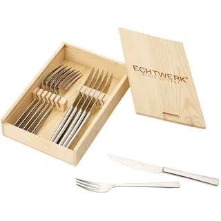 Echtwerk Steakbesteck "SARRE ", 12-teilig, Steakgabel, Steakmesser, Grillbesteck, Pizzabesteck, scharfe Messer, Edelstahl 18/10 poliert Inkl. Holzkassette Besteck Set, Edelstahl, 25.7x16.7x7.5 cm