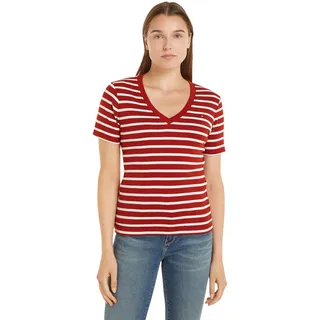 Tommy Hilfiger Damen New Slim Cody V-nk Ss Ww0ww40584 Kurzarm Strickoberteile, Rot (Breton STP/Dark Magma/Ecru), XXS