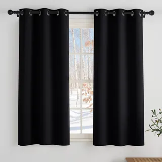 PONY DANCE Bistrogardine 2er Set Verdunklungsvorhänge Kurz H 150 x B 90 cm Scheibengardinen Blickdicht Kurzgardinen Küche/Badezimmer Fenster Vorhang mit Ösen, Schwarz
