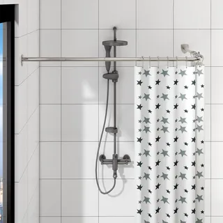Duschvorhangstange L Form, Verstellbare Duschstange Ecke, Duschvorhang Halterung mit 12 ringen & Deckenstütze für Badewanne/Badezimmer, Bohr-Montage Erforderlich (Silber, 100-175cm x 140-214cm)