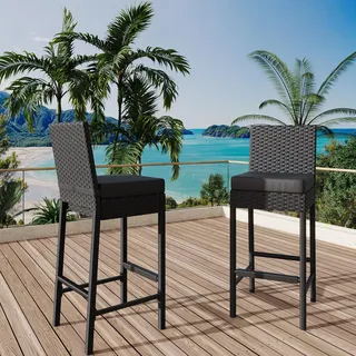 GarveeHome 2er Set Rattan-Hochstühle Mit Metallrahmen, Gepolsterte Outdoor-Barhocker Mit Rückenlehne Und Fußstütze, Wetterfester Stuhl, Für Terrasse Und Strand, 40,6 x 45 x 103,4 cm