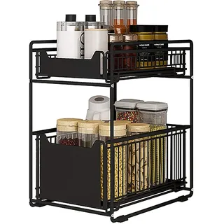 2 Ebenen Unterspüle Schublade für Küche und Bad, Metall verschiebbarer Aufbewahrungskorb, Desktop ausziehbarer Aufbewahrungskorb für Zuhause und Büro, in schwarzer Beschichtung