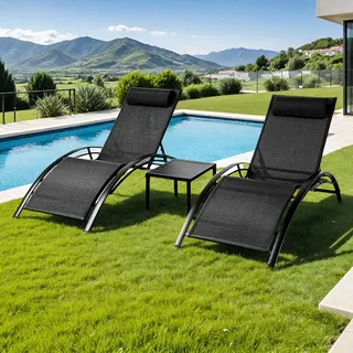 Clevich Gartenliege 2er Set, Liegestuhl Garten Wetterfest, Verstellbare Liegestuhl mit Armlehne, Kopfkissen und Couchtisch, für Garten,Schwimmbäder,Strand,Draussen (3, Schwarz)