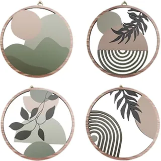 4 Stück Holz Boho Wand Deko Botanische Wanddeko Set Runde Holz Wandbilder Hölzerne Botanische Wanddekos Boho Wanddeko Grün Modern Bohos Design Minimalistische Wandkunst für Wohnzimmer, Schlafzimmer