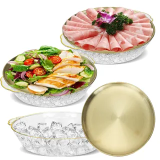 HFZCV 3er Set Edelstahl Tablett Rund Gold, 30 cm Servierplatte mit Eisfach für Buffet, Rostfreie Dekoteller für Lachs, Meeresfrüchte, Serviertablett mit Eis-Unterschale für Picknick und Party