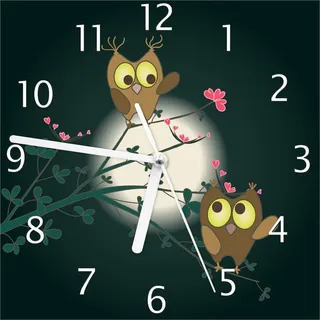 Wallario Design Wanduhr Süße verliebte Eulen auf dem Ast bei Nacht im Mondschein aus Echtglas, Größe 20 x 20 cm - Schwarz