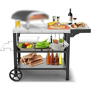 GFTIME Edelstahl Grilltisch Grillwagen mit 3 Etagen, Pizzaofenständer, Grilltisch für den Außenbereich, Arbeitswagen mit 4 Haken, Outdoor Servierwagen Beistelltisch, Grill Trolley 116 x 54cm - Silber