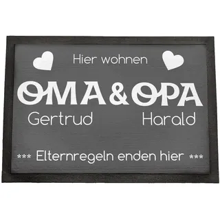 Fußmatte personalisiert Oma und Opa | Geschenk Oma und Opa Geburtstag | Elternregeln Enden Hier | Fussmatte mit Personalisierung | Schmutzfangmatte innen | Geschenkidee Großeltern | 75x50cm mit Rand
