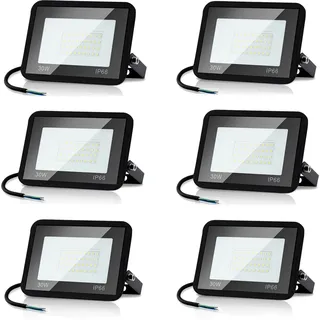 Clanmacy 6er 30W LED Strahler Aussen Scheinwerfer, 2550LM Superhell Aussenstrahler, IP66 Wasserdicht LED Fluter Aussenlampe fuer Garage,  Sportplatz, Hof oder Hote(Kaltes Weiss) - Weiß