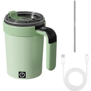 MiOYOOW Selbstrührender Kaffeebecher, Magnetischer Automatische Mischen Kaffeetasse mit Deckel und Strohhalm, Temperaturanzeige, 380ml Reise Kaffeebecher für Zuhause, Auf Reisen und Im Büro