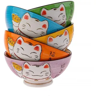 lachineuse - Japanisches Schalen-Set Maneki Neko Design – 5 traditionelle Reisschalen Ø 11,5 cm – 275 ml – Katze Nippon Glücksbringer – japanische Deko – Geschenkidee