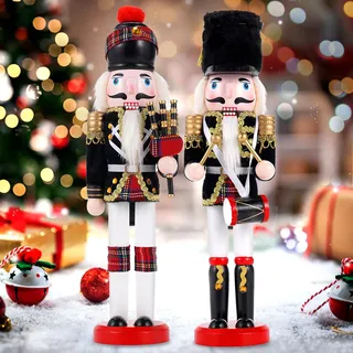 COMBIUBIU 2PCS Nussknacker Figur,Nussknacker Soldat Aus Hochwertigem Kiefernholz,Deko FüR Zuhause Kamin Tischdekoration,Weihnachten Weihnachtsdekoration (Flöte + Trommel)