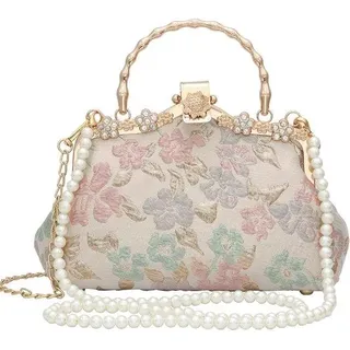 Rückenbeutel in Retro-Stil mit Kettenglied und Messenger-Clutch in chinesischem Stil mit Wasserhahnmotiv und Jacquard-Bordüre für Damen (Goldrosa Blume) - Rosa