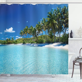 ABAKUHAUS Ozean Duschvorhang, Relax Beach Resort Spa, Stoffliches Gewebe Badezimmerdekorationsset mit Haken, 175 x 200 cm, Türkis Grün Blau