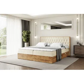 altdecor Boxspringbett LOLLI5 mit Multipocket-Matratze, Kopfteil und Bettkasten mit Eiche Holz - 180x200 - Beige Samt Monolith - Taupe