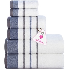 Casa Copenhagen White Bay-Handtuch aus 600 g/m2 ägyptischer Baumwolle für Hotel, Spa, Küche und Bad, 6-teiliges Set mit 2 Bädern, 2 Händen, 2 Waschlappen – Weiß mit blauem und grauem Rand