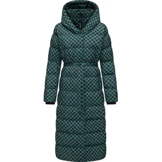 Ragwear Damen Wintermantel Warmer atmungsaktiver und wasserdichter Steppmantel lang mit angesagtem Hahnentritt Muster mit Kapuze Niara Long Print YOUMODO Ocean Green Gr. XL - XL