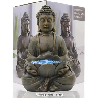Yeomoo Meditation Buddha Figur Gartendeko für Draußen – Zen Buddha Garten Deko Wohnzimmer Balkon Dekoration Groß Figuren mit Lotus Kieselsteinen und Glasstein Geschenke für Frauen Männer Bronze 30CM