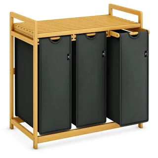 AdelDream Wäschekorb mit Bambusrahmen 150L 3 Fächer Bambus Wäschesammler Wäschebox laundry baskets Bogendesign Wäschesortierer Grau-06-17