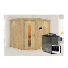 KARIBU Sauna »Haaspsalu«, inkl. 9 kW Bio-Kombi-Saunaofen mit externer Steuerung, für 4 Personen - braun