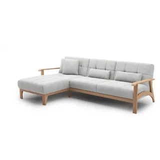 Cavadore Ecksofa Billan / Schlafsofa im skandinavischen Design mit Longchair, Bett und massivem Holzgestell in Buche / 264 x 88 x 183 / Mehrfarbiger Strukturstoff, Hellgrau