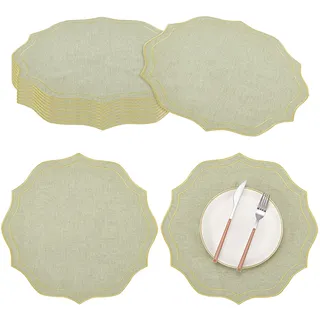 INTERWARM 12 Stück Platzset Aus Baumwoll Leinen Mischgewebe Runde 39.6x40.4cm Große Tischsets Aus Jute Mit Gewelltem Rand Und Blumenmuster Für Hochzeiten Sommerpartys Und Tischdekoration Grün