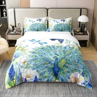 Pfau 100% Baumwolle Bettbezug Set 135x200 Kolibri Libelle Tröster Abdeckung Blume Vögel Muster Bettwäsche Sets für Mädchen Frauen Navy Blau Floral Tiere Frische Natur Quilt Cover mit 1 Kissenbezug