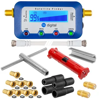 HB-Digital XXL SAT Installationsset: digitaler Sat-Finder mit Display + Abisolierer + Montageschlüssel + Aufdrehhilfe + 8X F-Stecker vergoldet + 2X Verbinder + 4X Gummitülle Wetterschutz Werkzeugset