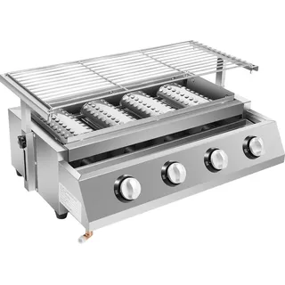 Tragbarer Grill - Gasgrill - Edelstahl - Vier Brenner mit separaten Reglern - Elektrische Zündung - Höhenverstellbarer Rost 0–7 cm - Flüssiggas (LPG) 2800 Pa - Silber - Silber