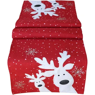 Tischläufer 40 x 85 cm rot weiß Silber, lustiger Elch, Rentier, Tischdecke, Weihnachten Weihnachtsdeko Weihnachtstischdecke kurz