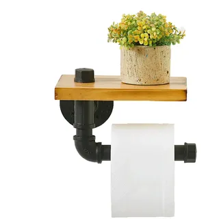 FLAGEST Toilettenpapierhalter Holz mit Ablage und Gusseisenrohr, rustikaler industrieller klopapierhalter zur Wandmontage mit Löchern für einfache Installation klorollenhalter, Badezimmerdekoration